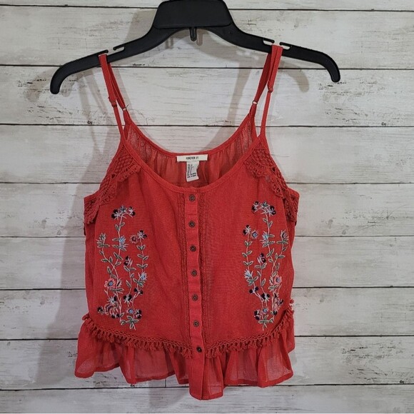 Forever 21 Sheer Embroidered Floral Cropped Tank Top Adjustable Straps Sz Small - Picture 1 of 10